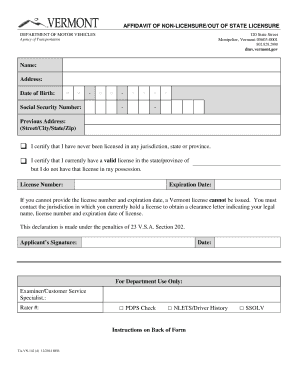 Vermont Affidavit of Non-Licensure/Out of State Licensure