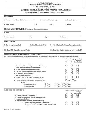 California Qualified Medical Evaluator's Findings Summary Form