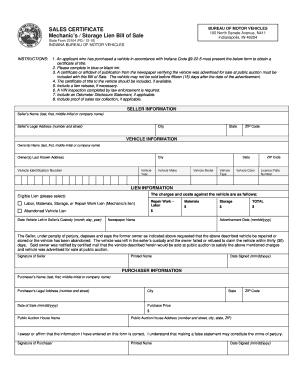 Indiana Mechanic's Lien Bill of Sale
