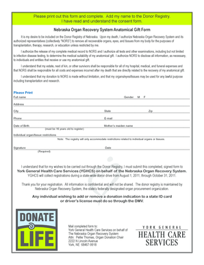 Nebraska Organ Donor Registry Consent Form