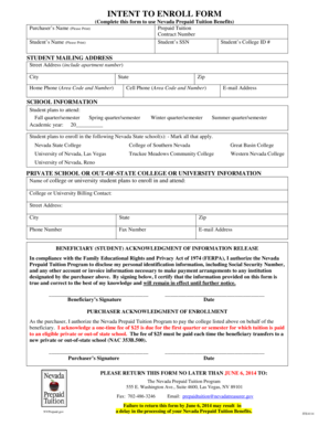 Nevada Prepaid Tuition Enrollment Form