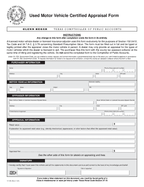 Texas Used Motor Vehicle Certified Appraisal Form