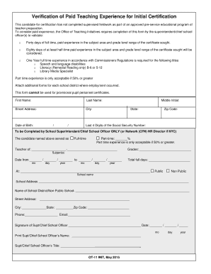 Verification of Paid Teaching Experience for Initial Certification