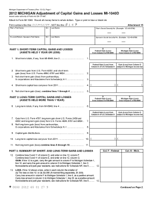 Michigan Capital Gains and Losses Form MI-1040D