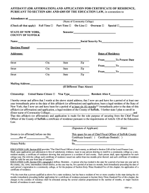 Affidavit and Application for Certificate of Residence