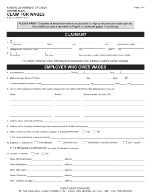 Kansas Claim for Wages Form