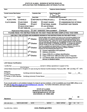 Alaska Veteran Personalized License Plate Application