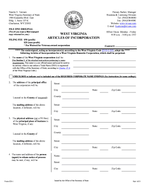 West Virginia Articles of Incorporation