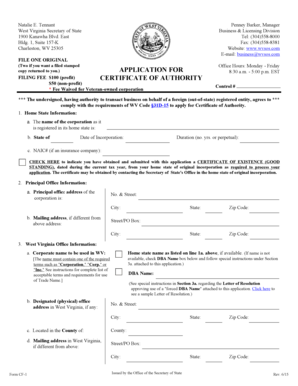 West Virginia Certificate of Authority Application