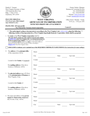 West Virginia Non-Profit Articles of Incorporation