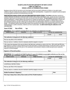 Maryland Child Care Medication Authorization Form
