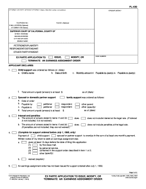 Ex Parte Application to Issue, Modify, or Terminate an Earnings Assignment Order