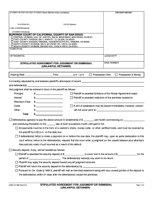 Stipulated Agreement for Judgment or Dismissal (Unlawful Detainer)