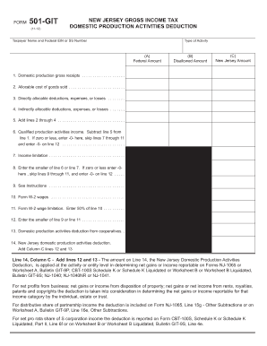 New Jersey Form 501-GIT Domestic Production Activities Deduction