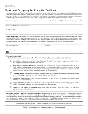 Texas Hotel Occupancy Tax Exemption Certificate