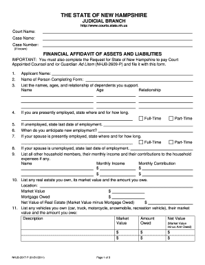 New Hampshire Financial Affidavit of Assets and Liabilities