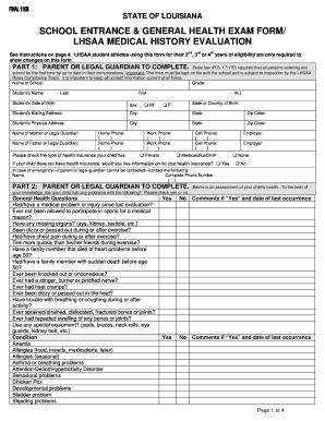 État de Louisiane Formulaire d'examen d'entrée et de santé scolaire