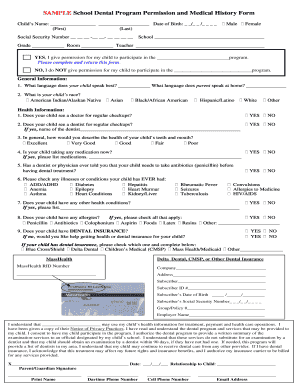 School Dental Program Permission and Medical History Form