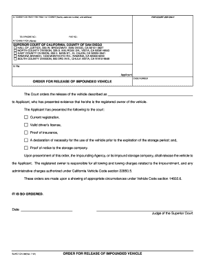 Order for Release of Impounded Vehicle