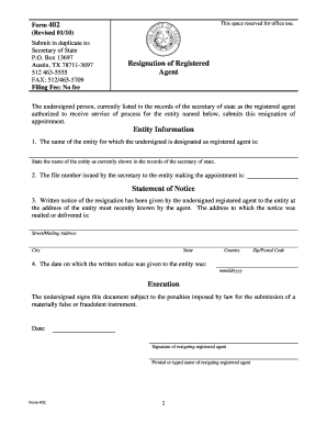 Resignation of Registered Agent Form 402