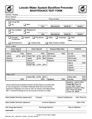 Lincoln Water System Backflow Preventer Maintenance Test Form
