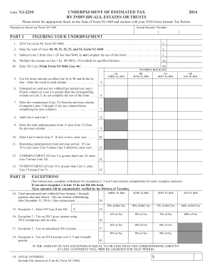 NJ-2210 Underpayment of Estimated Tax 2014