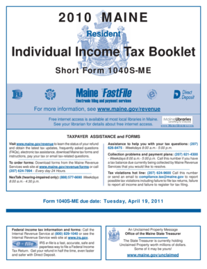 Maine Resident Individual Income Tax Booklet Short Form 1040S-ME