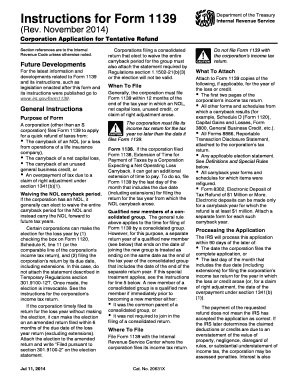 IRS Form 1139 Corporation Application for Tentative Refund