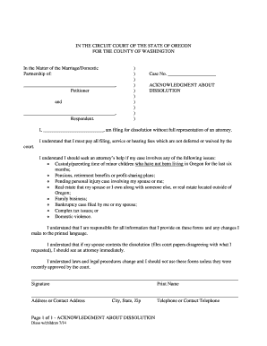 Oregon Dissolution of Marriage Acknowledgment