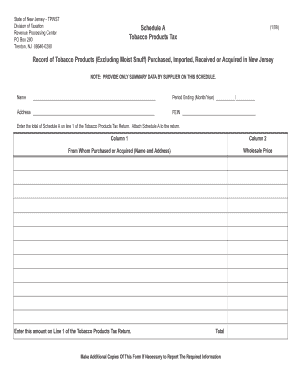 New Jersey Tobacco Products Tax Schedule A