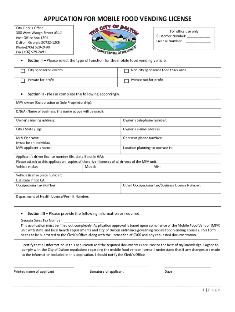 Fillable Online APPLICATION FOR MOBILE FOOD VENDING LICENSE Fax Email
