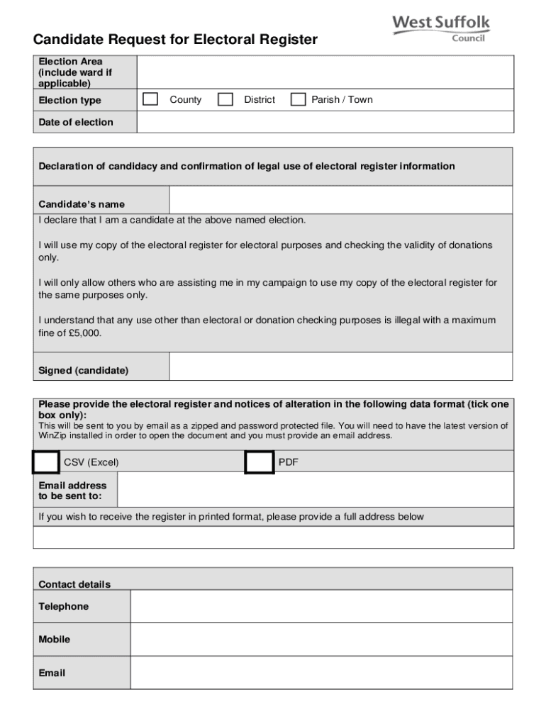 Fillable Online Electoral Register Candidate's Request Form. A form