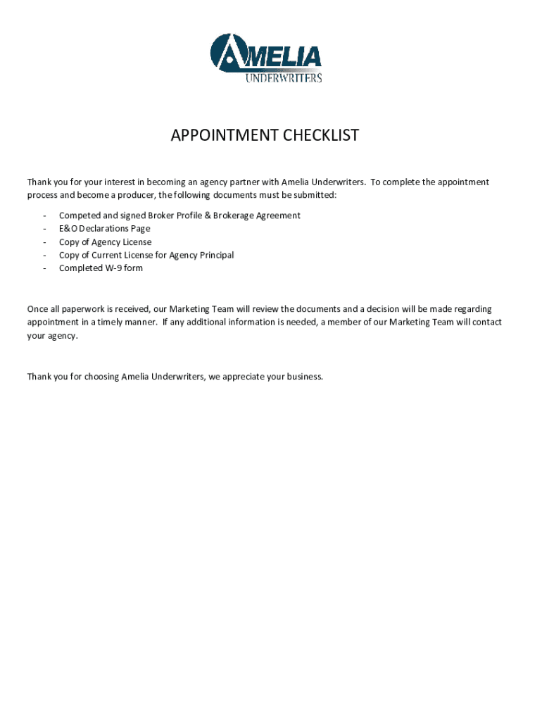 Fillable Online Amelia Underwriters APPOINTMENT CHECKLIST Fax Email