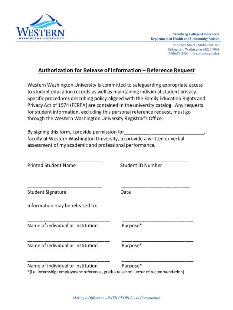 Fillable Online wce wwu Authorization for Release of Information ...
