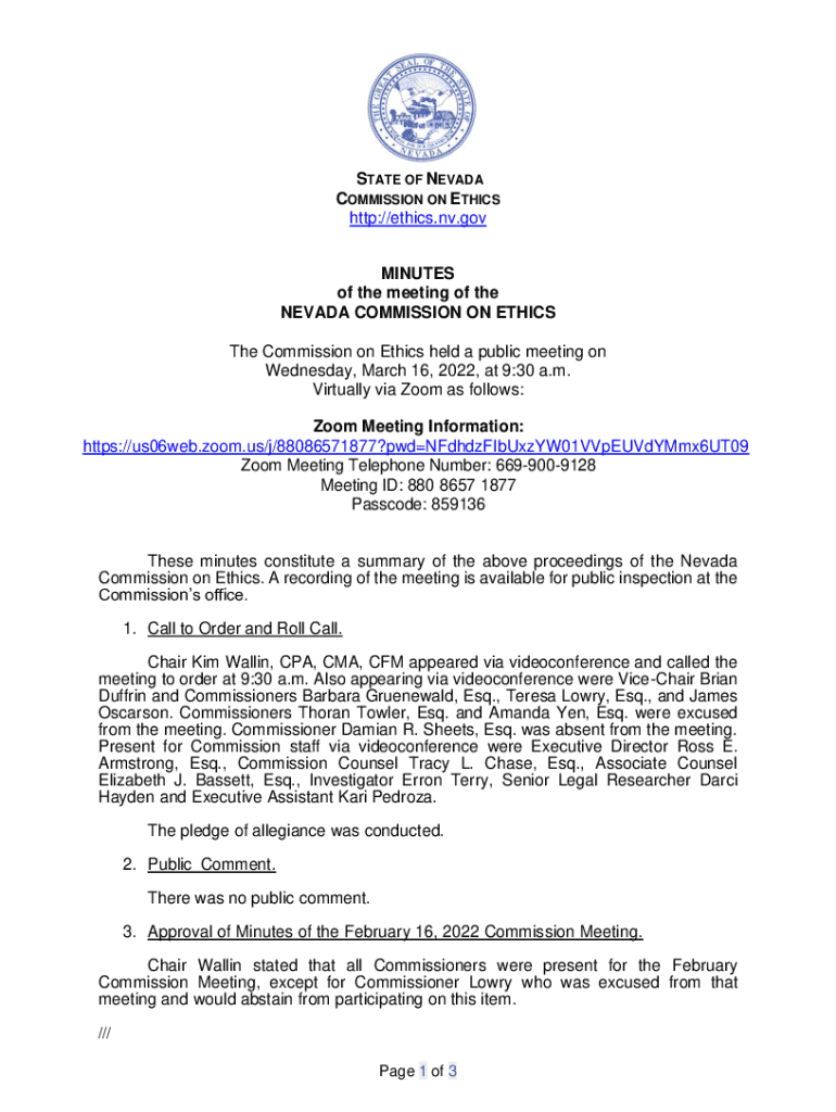 Fillable Online ethics nv COMMISSION COUNSEL Nevada Commission on