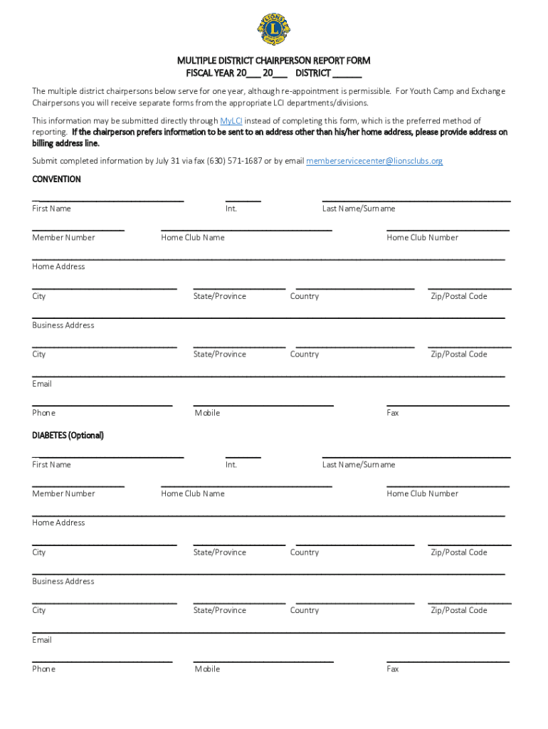 Fillable Online MULTIPLE DISTRICT CHAIRPERSON REPORT FORM Fax Email