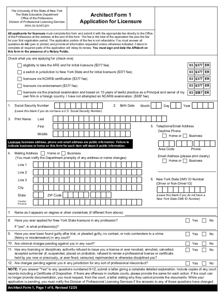 Fillable Online op nysed Architecture Form 1. Application for Licensure