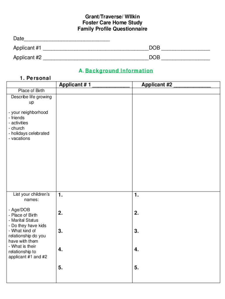 Fillable Online Grant/Traverse/ WIlkin Foster Care Home Study Family