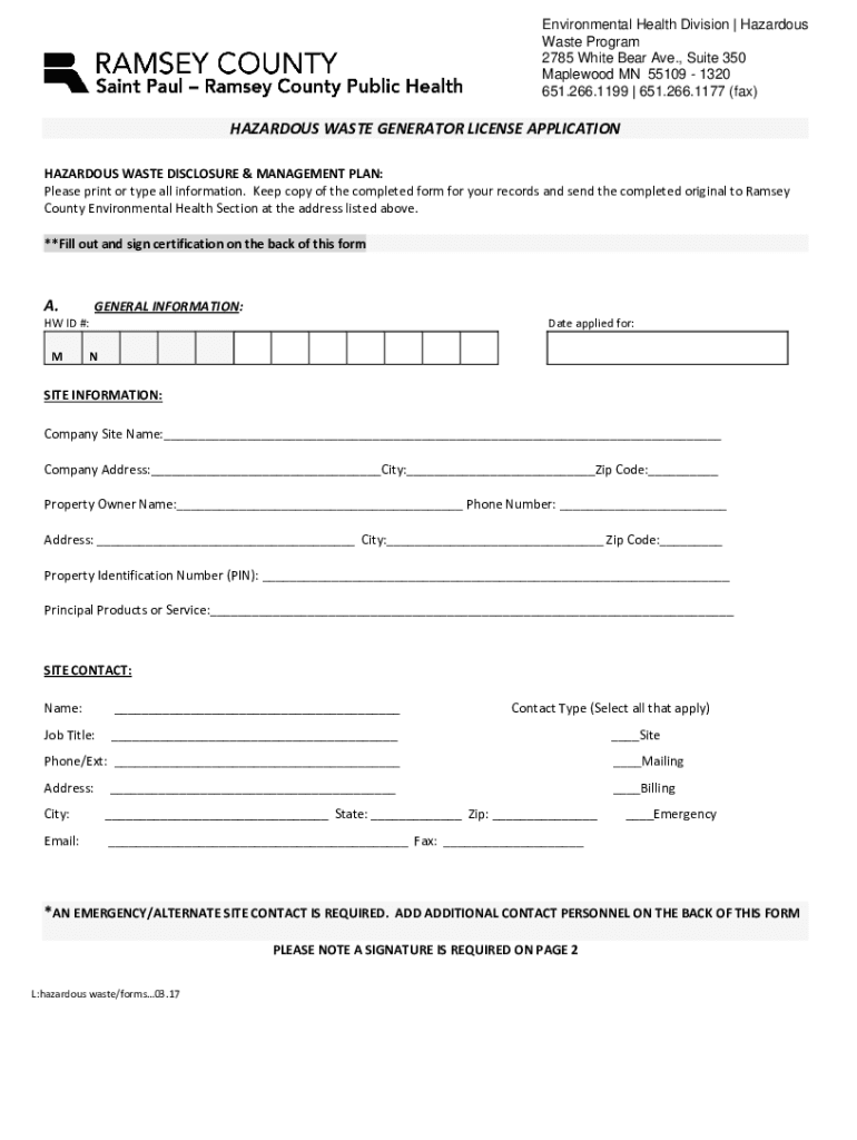 Fillable Online HAZARDOUS WASTE GENERATOR LICENSE Fax Email Print