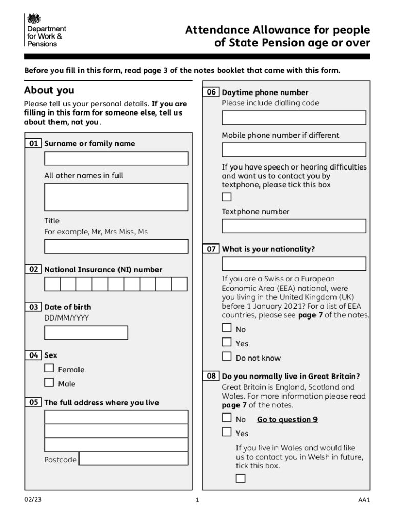 AA1A - Attendance Allowance for people of State Pension age or over Preview on Page 1