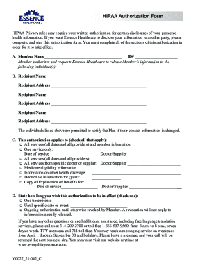 Essence Healthcare - HIPAA Authorization Form. HIPAA Authorization Form
