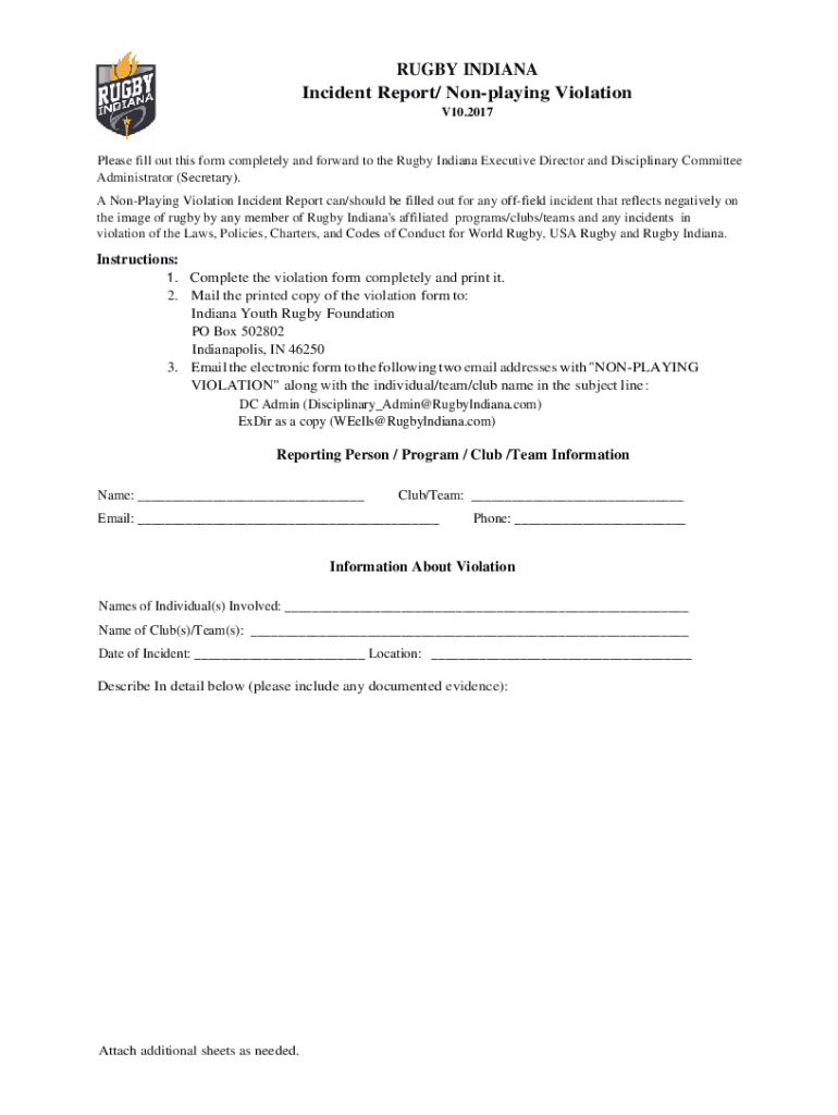 Fillable Online RUGBY INDIANA Incident Report/ Non-playing Violation ...