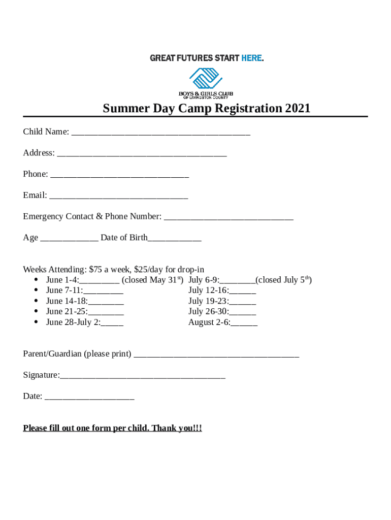 Summer Camp Registration Goldsboro Doc Template pdfFiller
