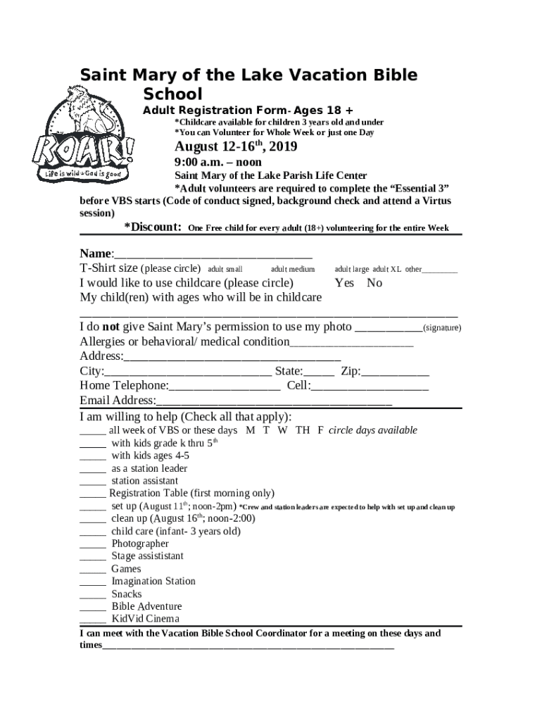 St. Mary's Vacation Bible School 2022 **VOLUNTEER ... Doc Template ...