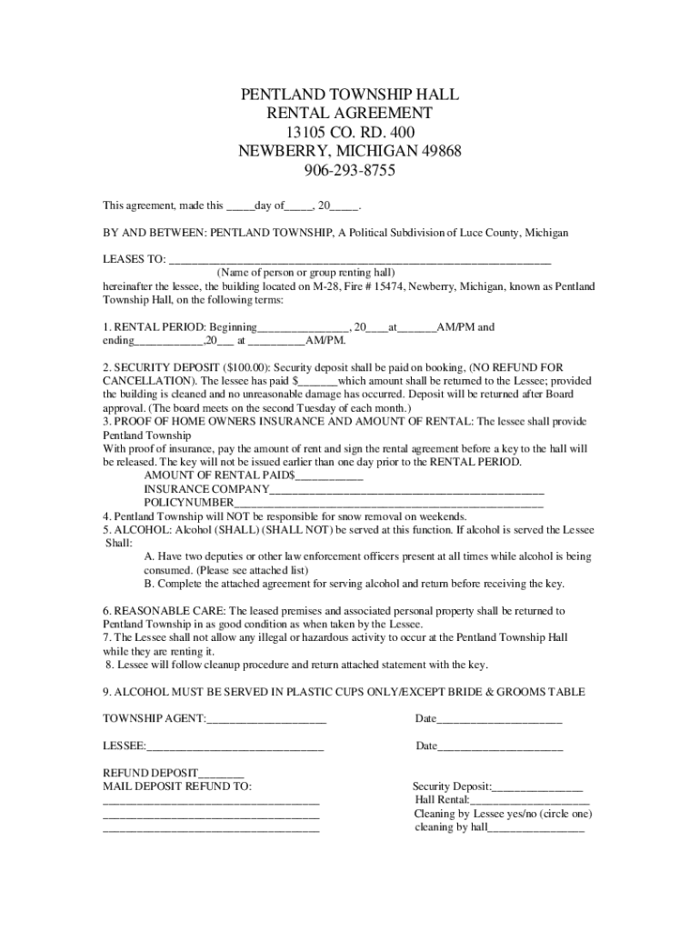 Fillable Online Hall rental agreement form Lapeer Township Fax Email