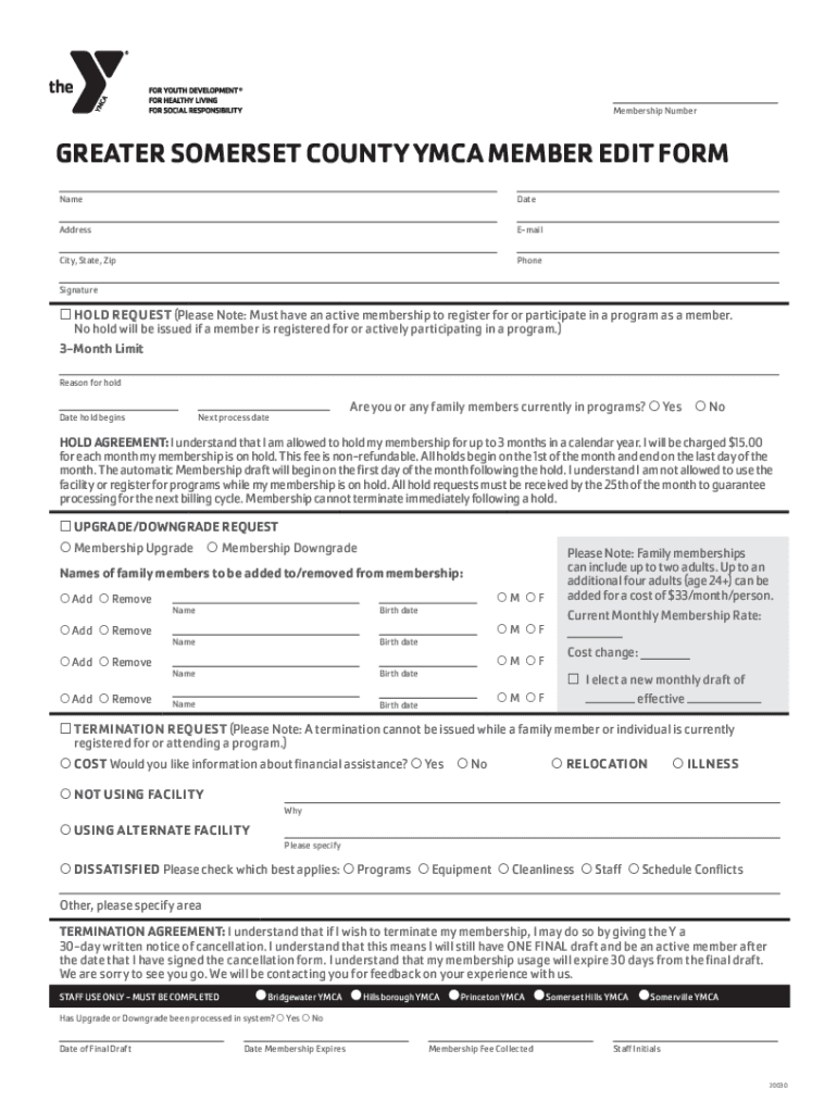 Fillable Online Somerset Hills YMCA Membership Application Fax Email ...