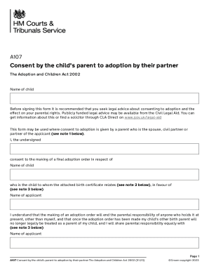 Fillable Online Form A107: Consent by the child's parent to adoption ...