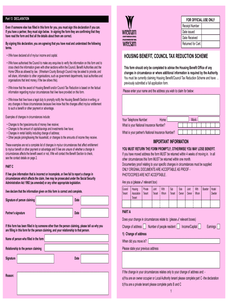 Fillable Online Housing and Council Tax Benefit Change in Circumstance Form For Working Age