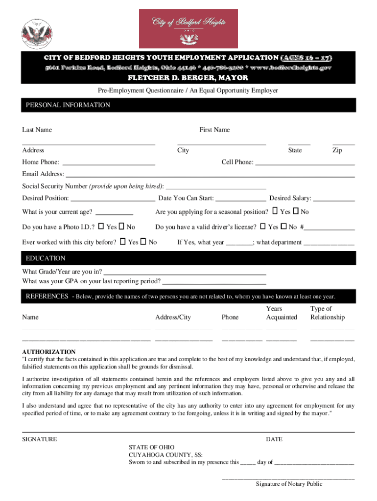 Fillable Online Employment City of Bedford Heights Ohio Fax Email