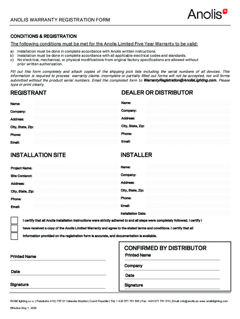 Fillable Online anolis warranty registration form Fax Email Print